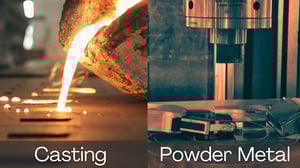 Casting vs powder metallurgy comparison showing molten metal casting and powder metal compaction processes