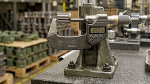 Digital micrometer mounted in an inspection stand measuring a powder metallurgy component for dimensional and tolerance verification.