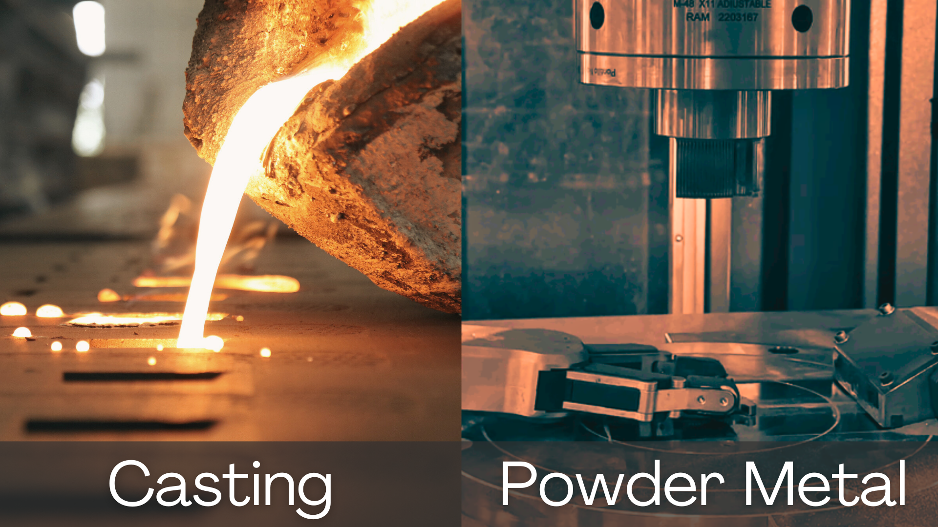 Casting vs powder metallurgy comparison showing molten metal casting and powder metal compaction processes