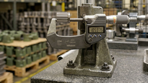 Digital micrometer mounted in an inspection stand measuring a powder metallurgy component for dimensional and tolerance verification.
